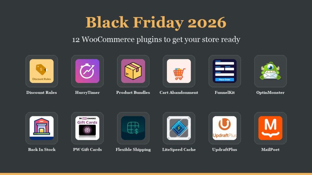 Logos of twelve WooCommerce plugins for Black Friday 2026: Discount Rules, HurryTimer, Product Bundles, Cart Abandonment Recovery, FunnelKit, OptinMonster, Back In Stock, PW Gift Cards, Flexible Shipping, LiteSpeed Cache, UpdraftPlus and MailPoet